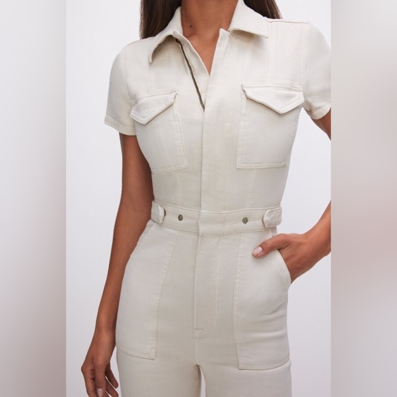 Good American Fit for Success Palazzo Cream Off White Denim Jumpsuit Boiler Suit - Picture 8 of 17